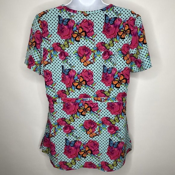 💜 3/$30 Betsey Johnson Calla Mock Wrap Scrub Top Polka Dots Roses Butterflies - Picture 5 of 8